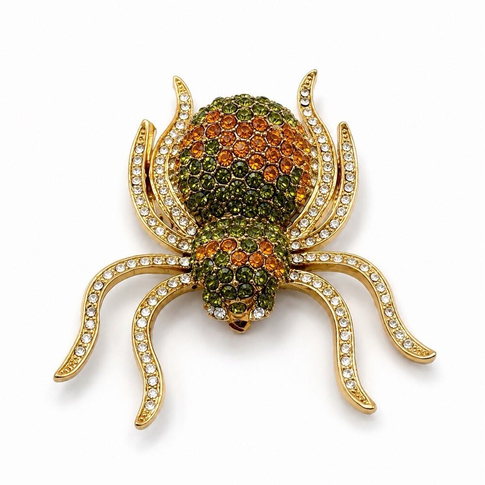 Jeweled Spider Brooch Pin Green Orange Rhinestone Insect Halloween Jewelry